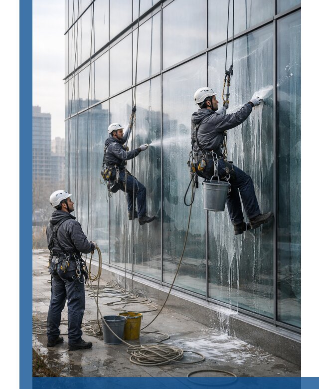 Промышленная мойка панорамных окон на высоте в Полевской