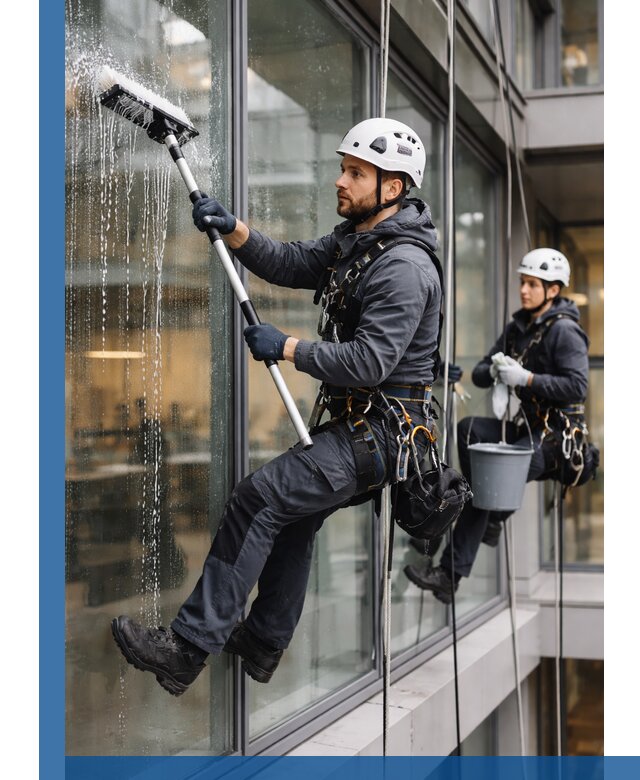 Профессиональная мойка витражей промышленными альпинистами в Полевской
