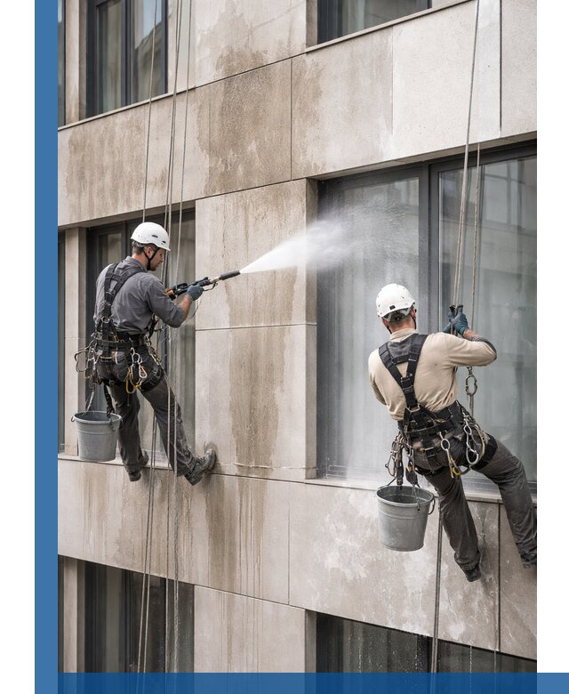 Послестроительная мойка фасада промышленным альпинизмом в Полевской