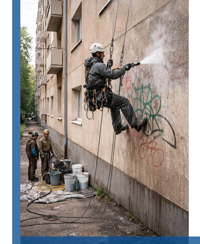 Удаление граффити с фасада в Полевской без следов и повреждений