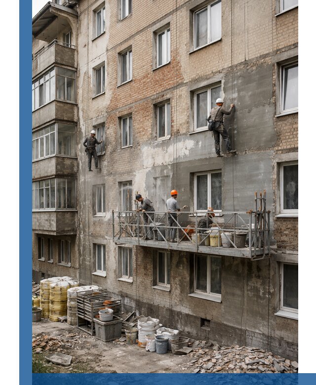 Капитальный ремонт фасада в Полевской с восстановлением и гидроизоляцией