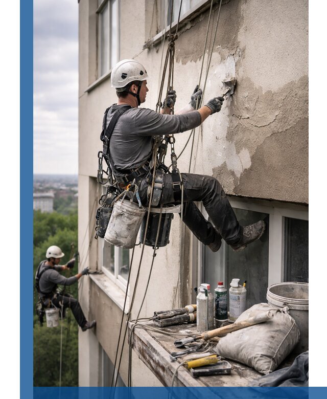 Косметический ремонт фасада зданий в Полевской промышленными альпинистами