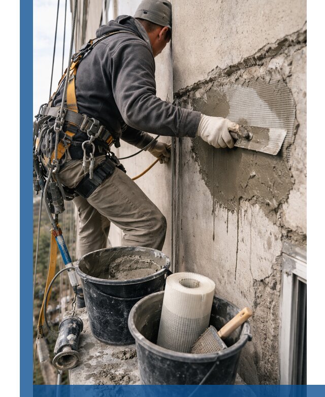 Ремонт бетонных элементов фасада промышленными альпинистами в Полевской