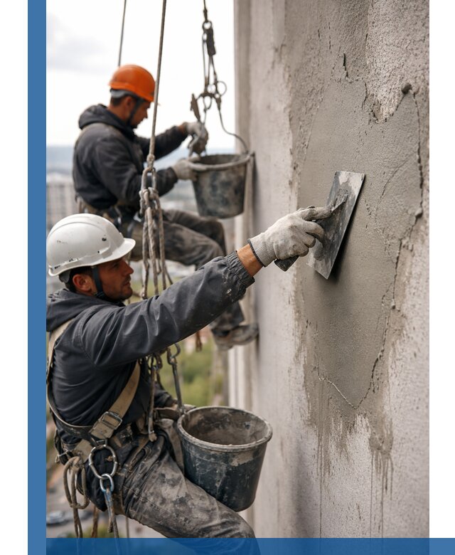 Штукатурка фасада на высоте в Полевской профессиональные работы