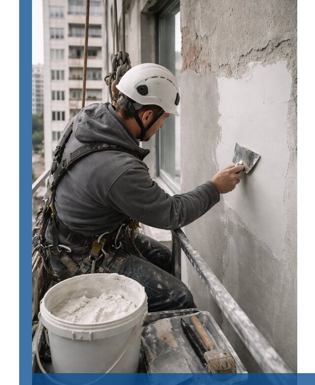 Шпаклевка фасадов на высоте с промальпинистами в Полевской