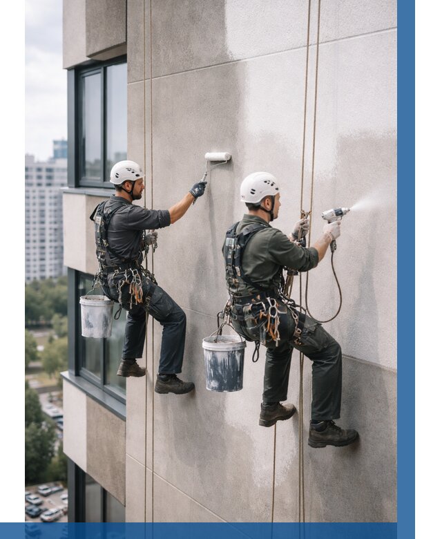 Покраска фасада альпинистами в Полевской от 308 р. | ВЫСОТНИК-Плв