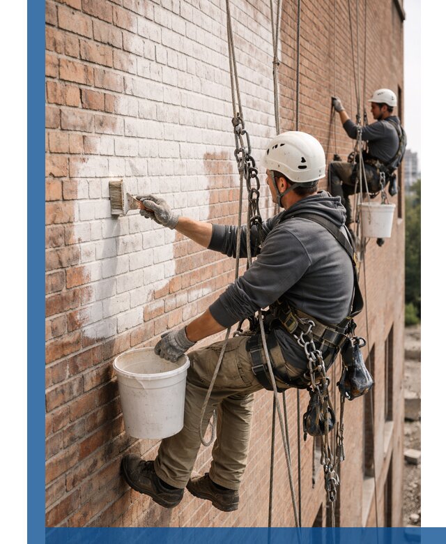 Покраска кирпичного фасада с доступным альпинистским сервисом в Полевской