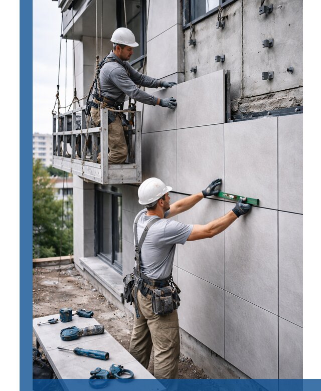 Монтаж керамогранита на фасад в Полевской под ключ с гарантией качества