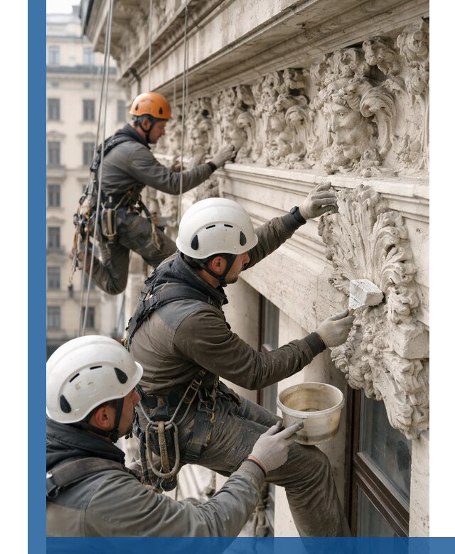 Реставрация фасадной лепнины с высотными работами в Полевской