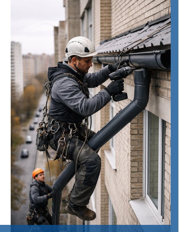 Монтаж водосточной системы на здании в Полевской от 5133 р. | ВЫСОТНИК-Плв