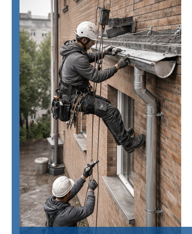 Монтаж водосточной системы на здании в Полевской под ключ