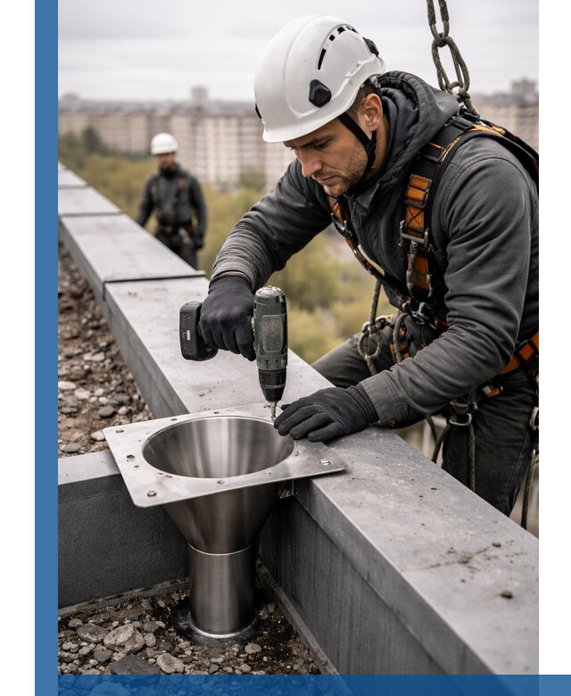 Монтаж водосточных воронок в Полевской для промышленных зданий