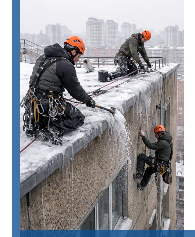 Удаление наледи с кровли в Полевской промышленными альпинистами