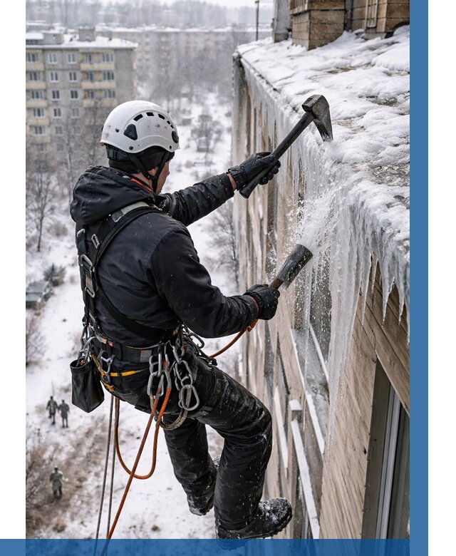 Сбивание сосулек с крыши в Полевской по цене от 4619 р. | ВЫСОТНИК-Плв