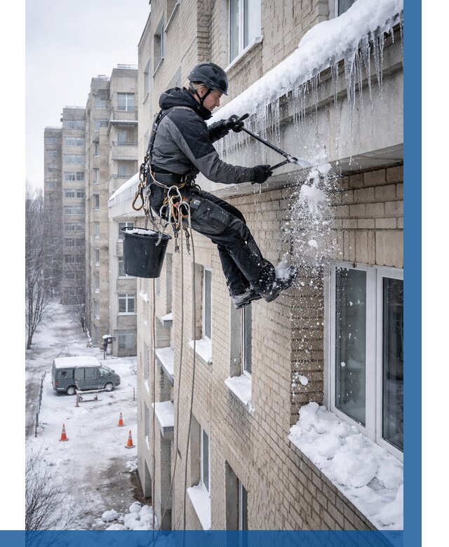 Удаление наледи с карнизов в Полевской от 359 р. | ВЫСОТНИК-Плв