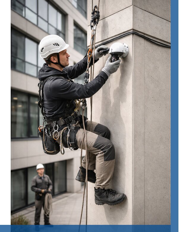 Монтаж камер видеонаблюдения на фасаде в Полевской от 8725 р.-ВЫСОТНИК-Плв