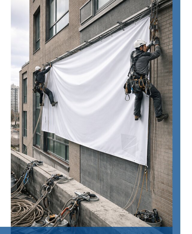 Монтаж баннеров на фасаде в Полевской от 667 р. заказать ВЫСОТНИК-Плв