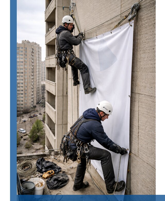 Профессиональный монтаж баннеров на фасаде в Полевской