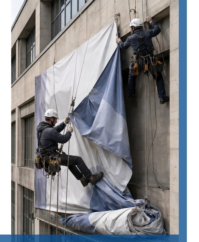 Демонтаж баннеров с фасада в Полевской от 4619 р. | ВЫСОТНИК-Плв