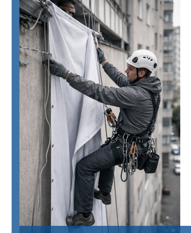 Замена баннерного полотна промышленными альпинистами в Полевской