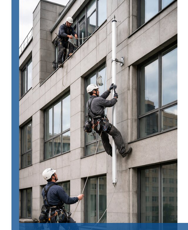 Монтаж флагштока на фасаде здания с креплением и герметикой в Полевской