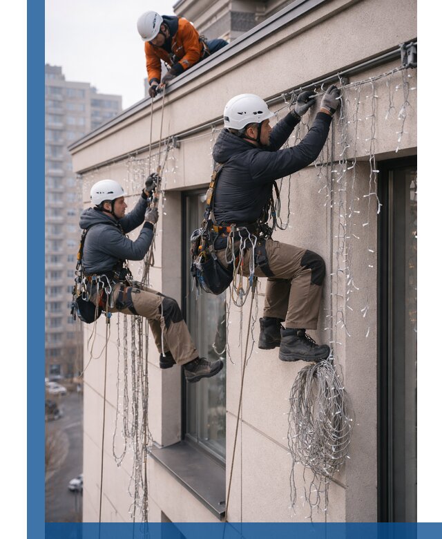 Монтаж праздничных гирлянд на фасаде в Полевской для зданий