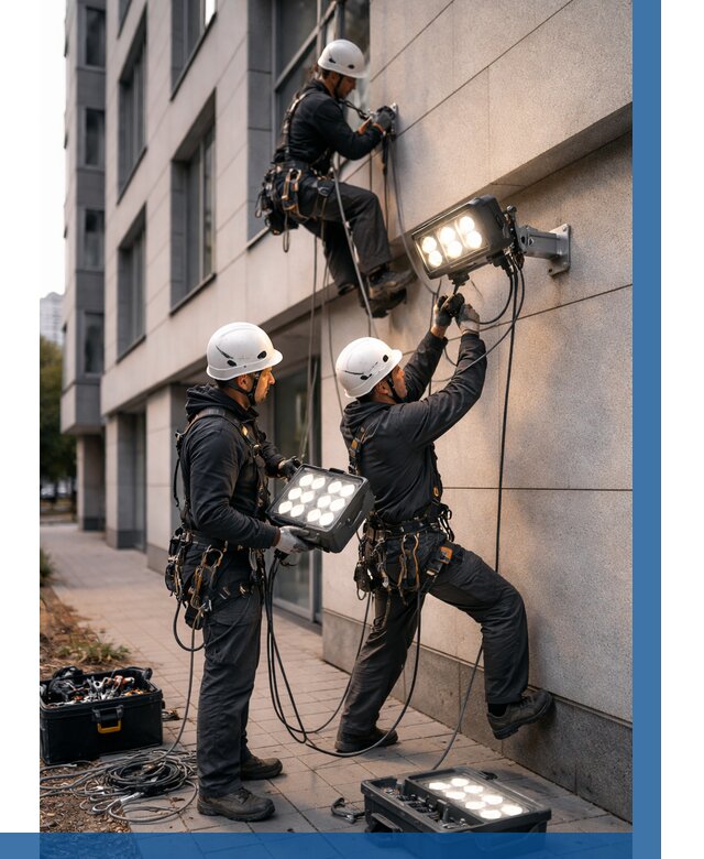 Монтаж прожекторов на фасаде в Полевской от 7699 р. | ВЫСОТНИК-Плв