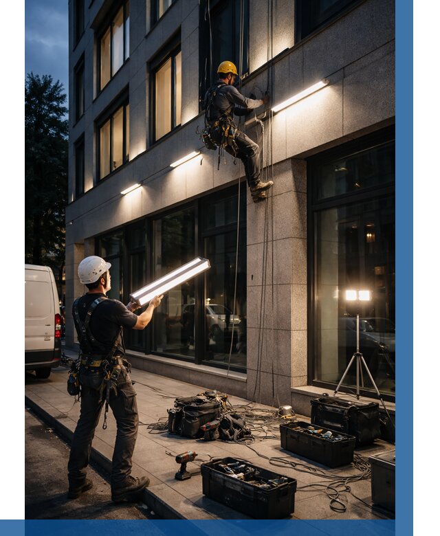 Монтаж архитектурной подсветки здания в Полевской от 2566 р.|ВЫСОТНИК-Плв