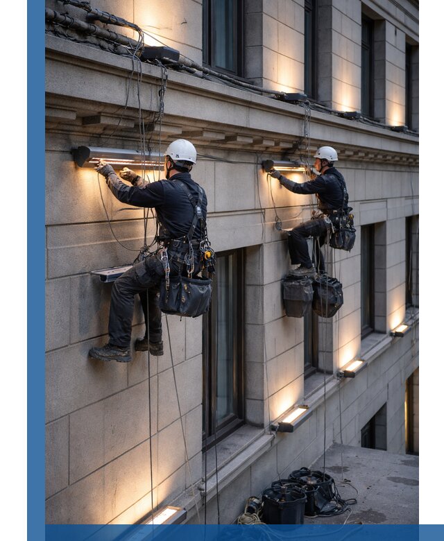 Монтаж архитектурной подсветки фасадов зданий в Полевской