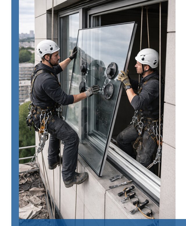 Замена стеклопакетов на высоте с промышленными альпинистами в Полевской