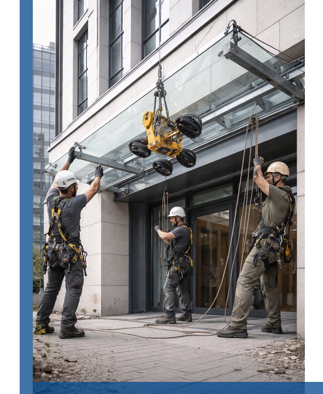 Монтаж стеклянных козырьков под ключ в Полевской для зданий