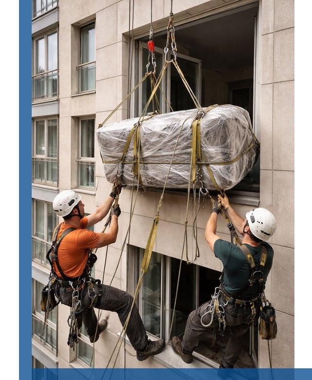 Подъем грузов через окно в Полевской промышленными альпинистами