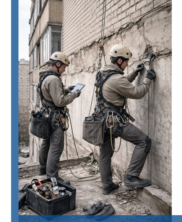 Обследование фасада промышленными альпинистами в Полевской